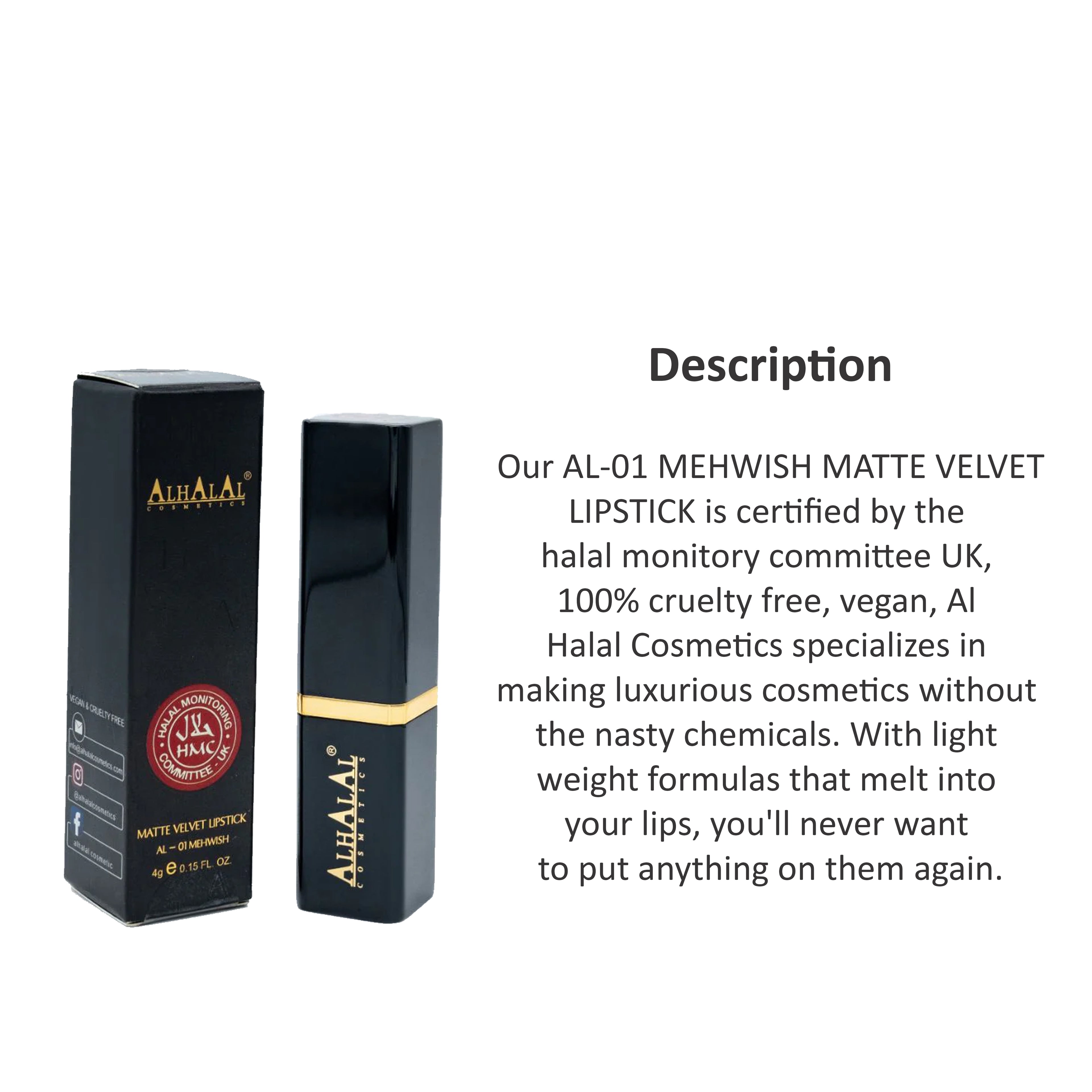ALHALAL COSMETICS MEHWISH MATTE VELVET LIPSTICK 4G AL-01